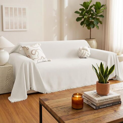 Chenille Couch Cover for Dogs, Boho Sofa Cover Washable Couch Cover, 3 Cushion Sofa Cover, Pet Throw Blankets for Couches with Tassel Furniture Protector Covers,71"×118",Beige White in Saudi Arabia