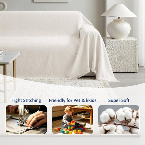 Chenille Couch Cover for Dogs, Boho Sofa Cover Washable Couch Cover, 3 Cushion Sofa Cover, Pet Throw Blankets for Couches with Tassel Furniture Protector Covers,71"×118",Beige White in Saudi Arabia