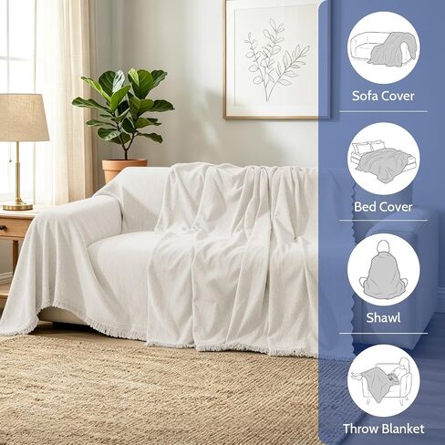 Chenille Couch Cover for Dogs, Boho Sofa Cover Washable Couch Cover, 3 Cushion Sofa Cover, Pet Throw Blankets for Couches with Tassel Furniture Protector Covers,71"×118",Beige White in Saudi Arabia