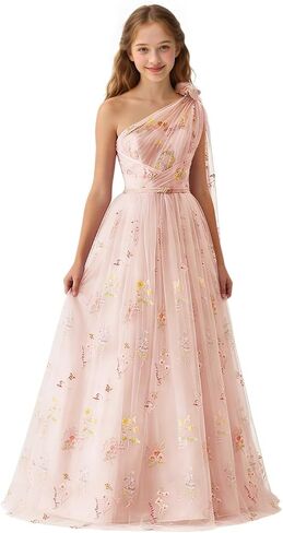 Floral Embroidery Tulle Flower Girl Dress Long One Shoulder Formal Dresses for Girls A Line Junior Prom Party Gown in Kuwait