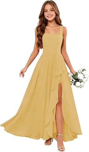 Junior Bridesmaid Dresses Square Neck Flower Girl Dresses Chiffon Ruffle for Wedding Guest Formal with Slit in Kuwait