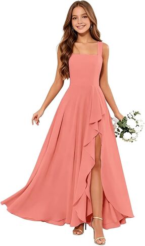 Junior Bridesmaid Dresses Square Neck Flower Girl Dresses Chiffon Ruffle for Wedding Guest Formal with Slit in Kuwait