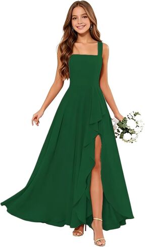 Junior Bridesmaid Dresses Square Neck Flower Girl Dresses Chiffon Ruffle for Wedding Guest Formal with Slit in Kuwait