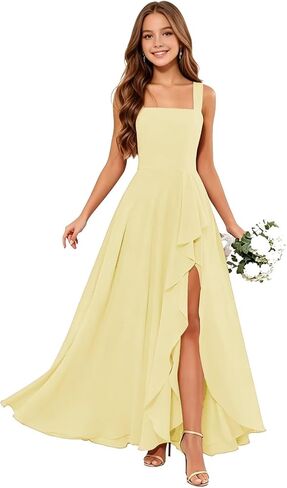 Junior Bridesmaid Dresses Square Neck Flower Girl Dresses Chiffon Ruffle for Wedding Guest Formal with Slit in Kuwait