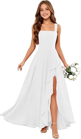Junior Bridesmaid Dresses Square Neck Flower Girl Dresses Chiffon Ruffle for Wedding Guest Formal with Slit in Kuwait