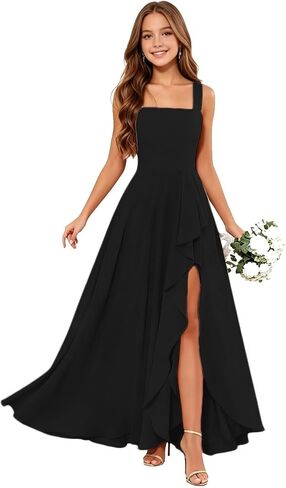 Junior Bridesmaid Dresses Square Neck Flower Girl Dresses Chiffon Ruffle for Wedding Guest Formal with Slit in Kuwait