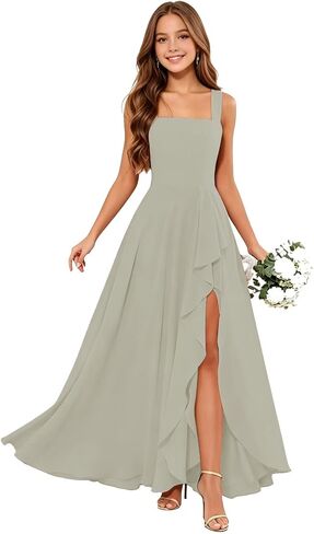 Junior Bridesmaid Dresses Square Neck Flower Girl Dresses Chiffon Ruffle for Wedding Guest Formal with Slit in Kuwait