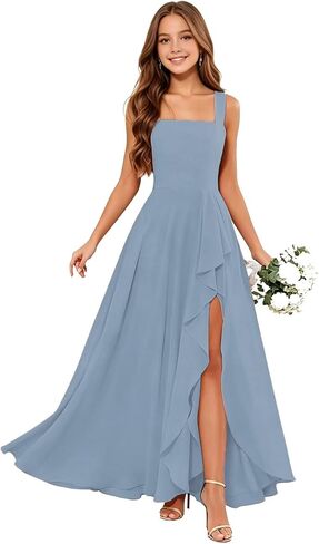 Junior Bridesmaid Dresses Square Neck Flower Girl Dresses Chiffon Ruffle for Wedding Guest Formal with Slit in Kuwait