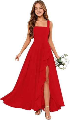 Junior Bridesmaid Dresses Square Neck Flower Girl Dresses Chiffon Ruffle for Wedding Guest Formal with Slit in Kuwait