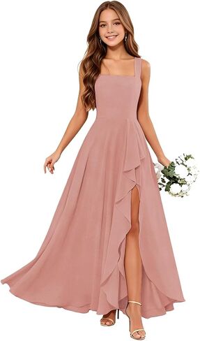 Junior Bridesmaid Dresses Square Neck Flower Girl Dresses Chiffon Ruffle for Wedding Guest Formal with Slit in Kuwait