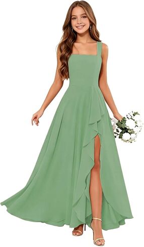 Junior Bridesmaid Dresses Square Neck Flower Girl Dresses Chiffon Ruffle for Wedding Guest Formal with Slit in Kuwait