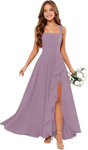 Junior Bridesmaid Dresses Square Neck Flower Girl Dresses Chiffon Ruffle for Wedding Guest Formal with Slit in Kuwait