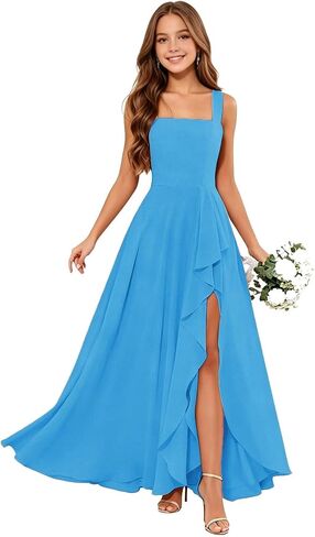 Junior Bridesmaid Dresses Square Neck Flower Girl Dresses Chiffon Ruffle for Wedding Guest Formal with Slit in Kuwait
