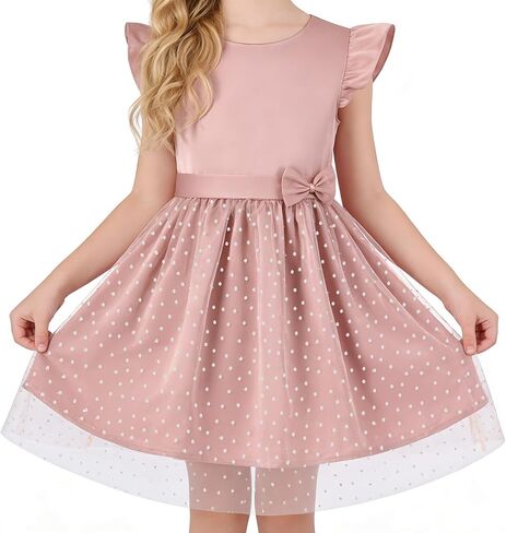 DIPUG Girls Tulle Dress, Casual Birthday Party Flower Girl Summer Dresses Polka Dot Bow & Flutter Sleeves, 5-12Y in Saudi Arabia