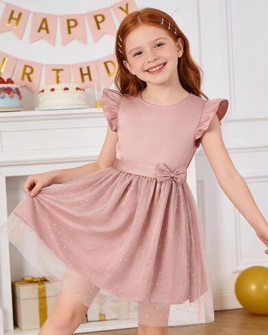 DIPUG Girls Tulle Dress, Casual Birthday Party Flower Girl Summer Dresses Polka Dot Bow & Flutter Sleeves, 5-12Y in Saudi Arabia