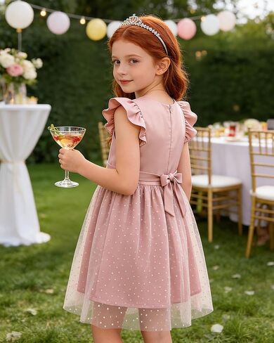 DIPUG Girls Tulle Dress, Casual Birthday Party Flower Girl Summer Dresses Polka Dot Bow & Flutter Sleeves, 5-12Y in Saudi Arabia