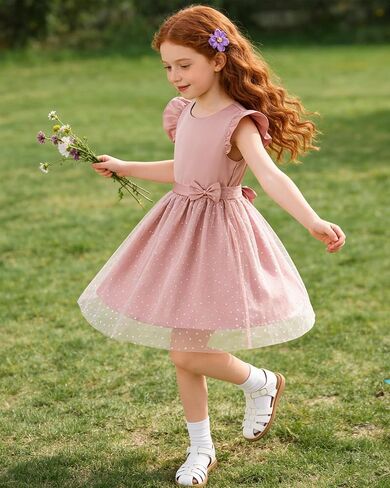 DIPUG Girls Tulle Dress, Casual Birthday Party Flower Girl Summer Dresses Polka Dot Bow & Flutter Sleeves, 5-12Y in Saudi Arabia