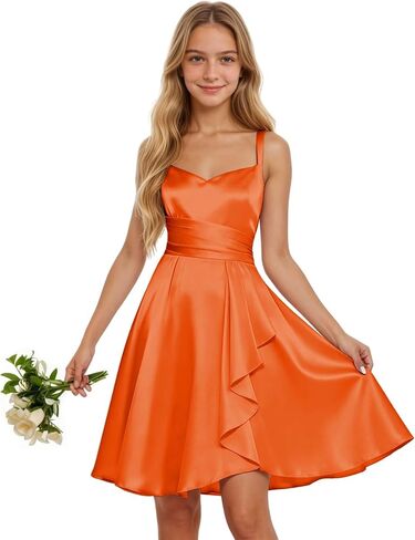 Junior Bridesmaid Dress Short Satin Flower Girl Dresses for Wedding Spaghetti Strap Teens Homecoming Dresses in Kuwait