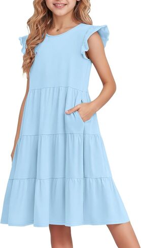Tween Girl's Summer Ruffle Sleeve Loose Dress Spring Floral Kids Crewneck 2026 Sundresses with Pockets in Saudi Arabia