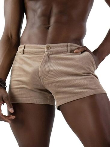 Men's Corduroy Shorts Summer Beach Elastic Waistband Shorts with Pockets in Kuwait