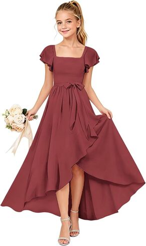 Junior Bridesmaid Dresses Short Sleeves Square Neck Chiffon Flower Girl Dresses for Wedding Pageant Gowns in Kuwait