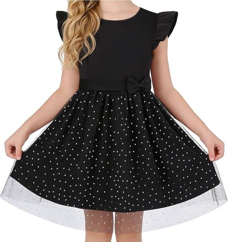 DIPUG Girls Tulle Dress, Casual Birthday Party Flower Girl Summer Dresses Polka Dot Bow & Flutter Sleeves, 5-12Y in Saudi Arabia