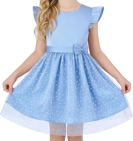 DIPUG Girls Tulle Dress, Casual Birthday Party Flower Girl Summer Dresses Polka Dot Bow & Flutter Sleeves, 5-12Y in Saudi Arabia