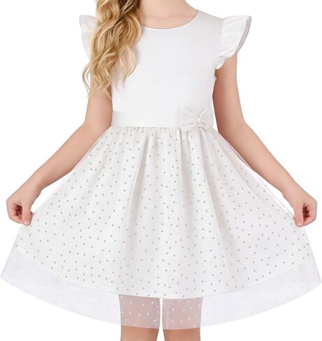 DIPUG Girls Tulle Dress, Casual Birthday Party Flower Girl Summer Dresses Polka Dot Bow & Flutter Sleeves, 5-12Y in Saudi Arabia