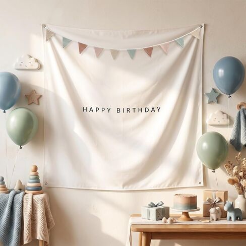 Gilprop Boho Happy Birthday Tapestry Decoration Set 59x59'' White Fabric Backdrop with Colorful Triangular Bunting and Happy Birthday Sign Reusable Customizable Decor for Party Wall Porch (Sage Green) in Kuwait