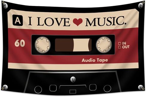 I LOVE MUSIC Flag 3x5 Ft - Y2K Grunge Decor Downtown Girl Aesthetic, Vintage Cassette Tape Tapestry for Bedroom, Retro 90s Indie Alt Scene Wall Banner with 4 Grommets for Teen Girls Dorm in Saudi Arabia