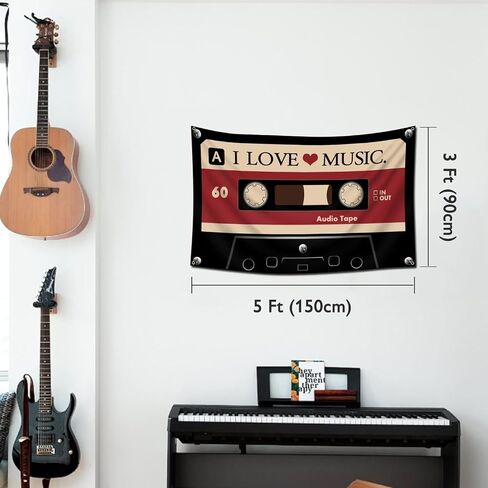 I LOVE MUSIC Flag 3x5 Ft - Y2K Grunge Decor Downtown Girl Aesthetic, Vintage Cassette Tape Tapestry for Bedroom, Retro 90s Indie Alt Scene Wall Banner with 4 Grommets for Teen Girls Dorm in Saudi Arabia