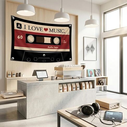I LOVE MUSIC Flag 3x5 Ft - Y2K Grunge Decor Downtown Girl Aesthetic, Vintage Cassette Tape Tapestry for Bedroom, Retro 90s Indie Alt Scene Wall Banner with 4 Grommets for Teen Girls Dorm in Saudi Arabia