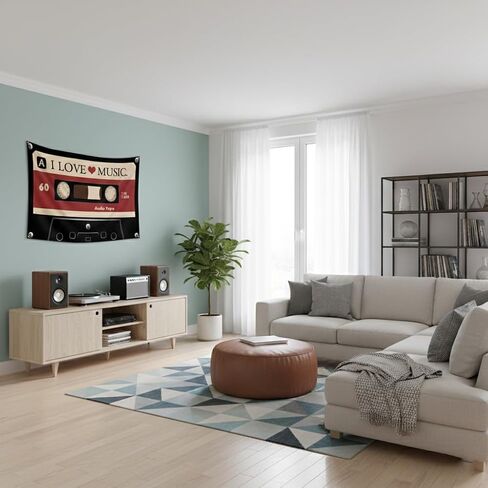 I LOVE MUSIC Flag 3x5 Ft - Y2K Grunge Decor Downtown Girl Aesthetic, Vintage Cassette Tape Tapestry for Bedroom, Retro 90s Indie Alt Scene Wall Banner with 4 Grommets for Teen Girls Dorm in Saudi Arabia
