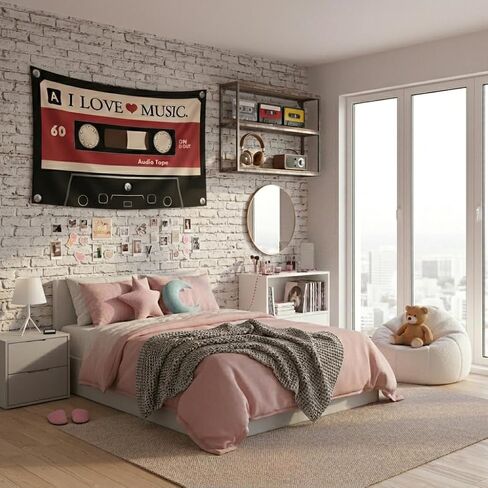 I LOVE MUSIC Flag 3x5 Ft - Y2K Grunge Decor Downtown Girl Aesthetic, Vintage Cassette Tape Tapestry for Bedroom, Retro 90s Indie Alt Scene Wall Banner with 4 Grommets for Teen Girls Dorm in Saudi Arabia