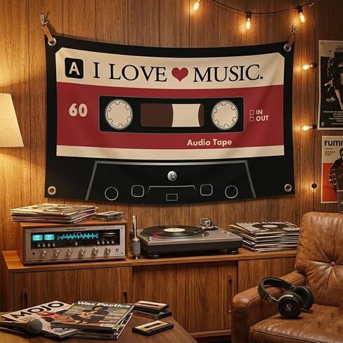 I LOVE MUSIC Flag 3x5 Ft - Y2K Grunge Decor Downtown Girl Aesthetic, Vintage Cassette Tape Tapestry for Bedroom, Retro 90s Indie Alt Scene Wall Banner with 4 Grommets for Teen Girls Dorm in Saudi Arabia