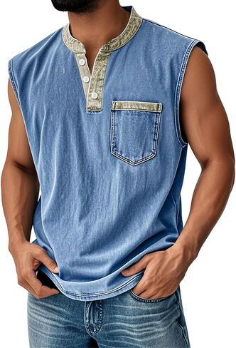 Mens Sleeveless Shirts Summer Casual Cotton Workout Henley Tank Top Relaxed Fit Washed Button Down Tee with Pocket in Kuwait