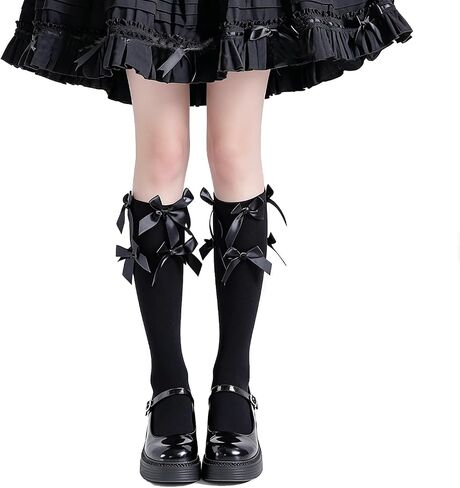 Benefeet Sox White Knee High Socks with Bow Women Black Lace Ruffle Knee Socks Cute Novelty Long Stockings Big Girls in Kuwait