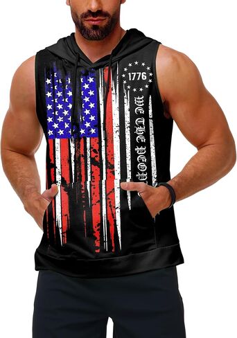 Mens July 4th Hooded Tank Tops American Flag Sleeveless Shirts in Saudi Arabia
