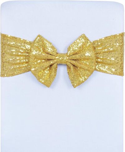 SquarePie 10 Pcs Gold Sequin Chair Sashes with Fixed Bow, Elastic Metallic Yarn Fabric Chair Ties with Starlight Glimmer Backing, Sashes for Birthday Party Banquet Decorations in Saudi Arabia
