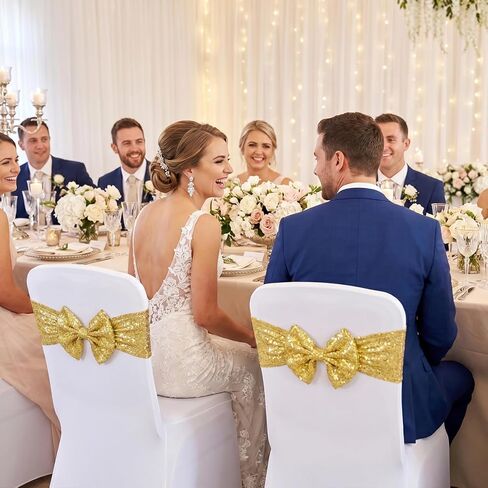 SquarePie 10 Pcs Gold Sequin Chair Sashes with Fixed Bow, Elastic Metallic Yarn Fabric Chair Ties with Starlight Glimmer Backing, Sashes for Birthday Party Banquet Decorations in Saudi Arabia