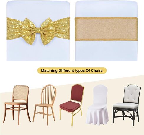 SquarePie 10 Pcs Gold Sequin Chair Sashes with Fixed Bow, Elastic Metallic Yarn Fabric Chair Ties with Starlight Glimmer Backing, Sashes for Birthday Party Banquet Decorations in Saudi Arabia