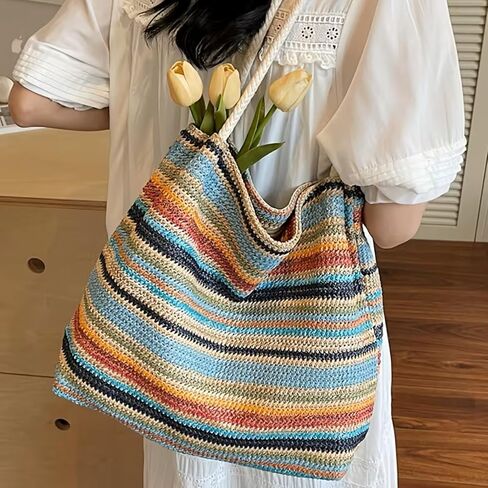 Women's Elegance Stripes Woven Straw Satchel Bag, Lightweight Spacious Beach Shoulder Bag with Zipper Closur,Ideal for beach, travel, vacation and daily use in Kuwait