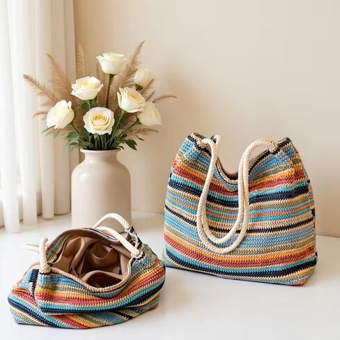 Women's Elegance Stripes Woven Straw Satchel Bag, Lightweight Spacious Beach Shoulder Bag with Zipper Closur,Ideal for beach, travel, vacation and daily use in Kuwait