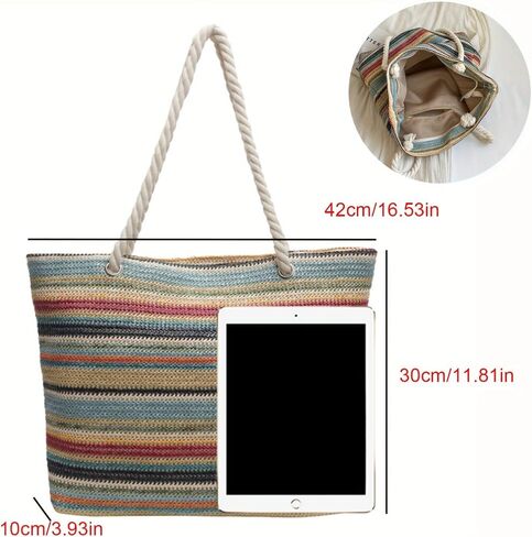 Women's Elegance Stripes Woven Straw Satchel Bag, Lightweight Spacious Beach Shoulder Bag with Zipper Closur,Ideal for beach, travel, vacation and daily use in Kuwait