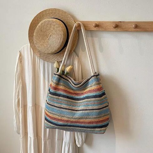 Women's Elegance Stripes Woven Straw Satchel Bag, Lightweight Spacious Beach Shoulder Bag with Zipper Closur,Ideal for beach, travel, vacation and daily use in Kuwait