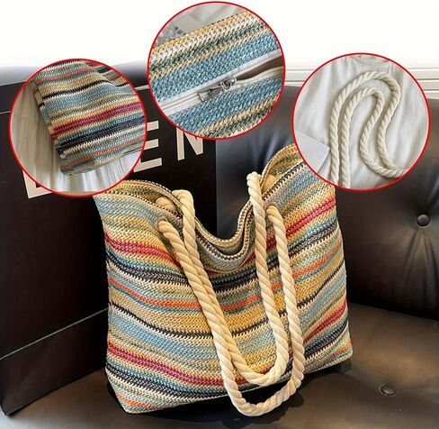 Women's Elegance Stripes Woven Straw Satchel Bag, Lightweight Spacious Beach Shoulder Bag with Zipper Closur,Ideal for beach, travel, vacation and daily use in Kuwait