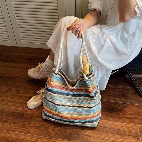 Women's Elegance Stripes Woven Straw Satchel Bag, Lightweight Spacious Beach Shoulder Bag with Zipper Closur,Ideal for beach, travel, vacation and daily use in Kuwait