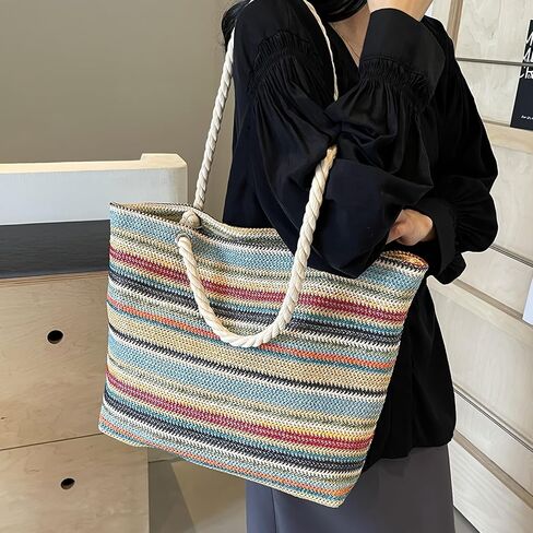 Women's Elegance Stripes Woven Straw Satchel Bag, Lightweight Spacious Beach Shoulder Bag with Zipper Closur,Ideal for beach, travel, vacation and daily use in Kuwait