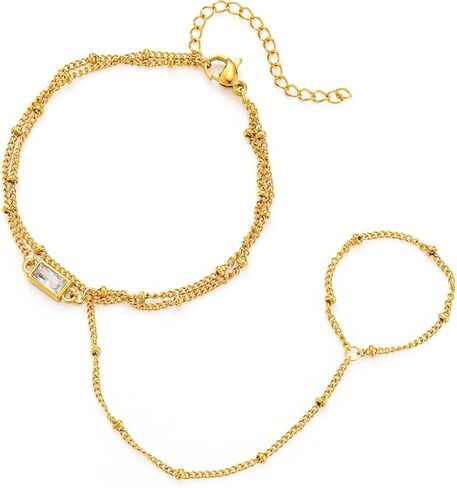 Birthstone Hand Chain Bracelet for Women Gold Dainty Finger Ring Bracelet Hand Chain Stackable Ring Link Chain Charm Bracelet Set Hand Jewelry Gifts Trendy in Kuwait