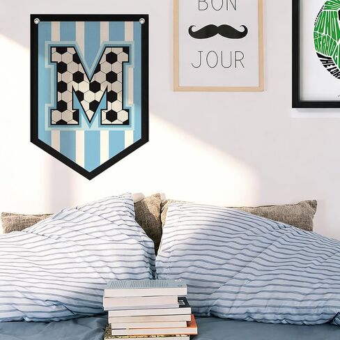 Soccer Letter M Banner Decor, Toddler Boys Room Decor Name Pennant Flag Personalized Boy Gifts, Vintage Sports Boy Nursery Wall Art Decor, Name Sign for Toddler Bedroom Playroom Decor 11.8X16.5 Inch in Saudi Arabia
